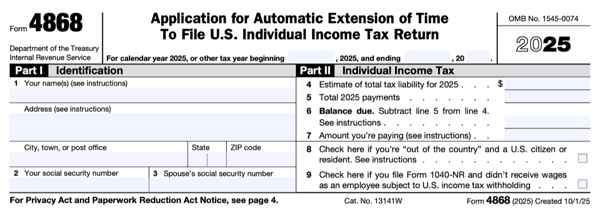 The bottom of page 1 of the 2025 Form 4868: the header line for fiscal-year dates, Part I with lines 1 to 3 on the left, and Part II with lines 4 to 9 on the right